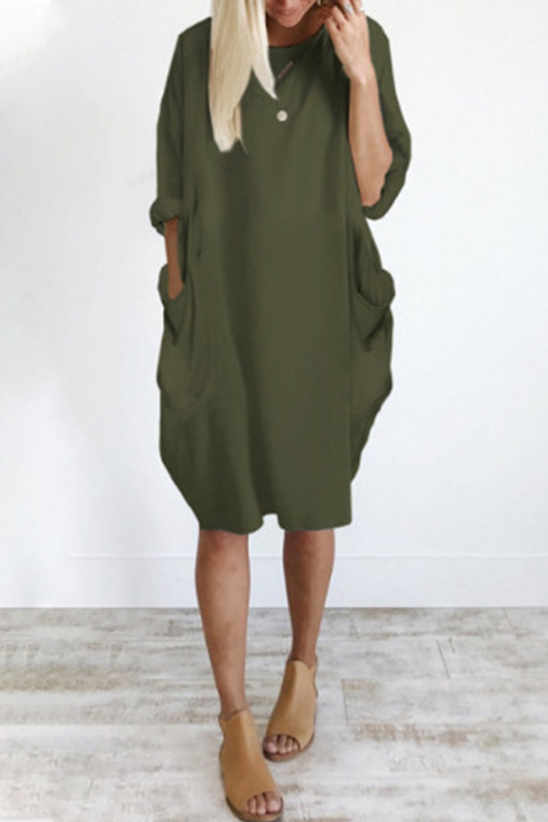 Kaynafashions - Casual Solid Solid Color O Neck Long Sleeve Dresses(11 Colors)