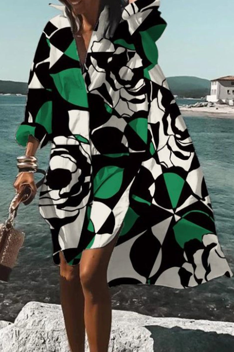 Kaynafashions - Casual Print Contrast Turndown Collar Shirt Dress Dresses(9 Colors)