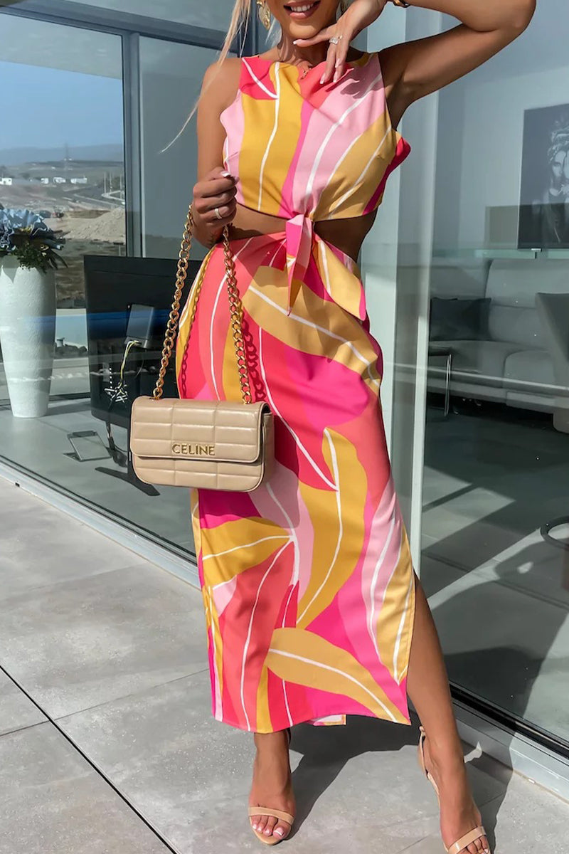 Kaynafashions - Sexy Celebrities Geometric Print Backless Slit O Neck A Line Dresses