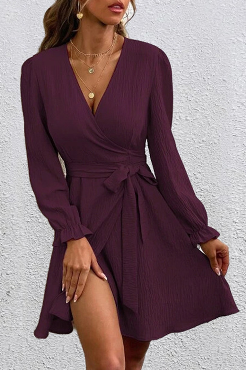 Kaynafashions - Casual Solid Patchwork V Neck Waist Skirt Dresses(4 colors)