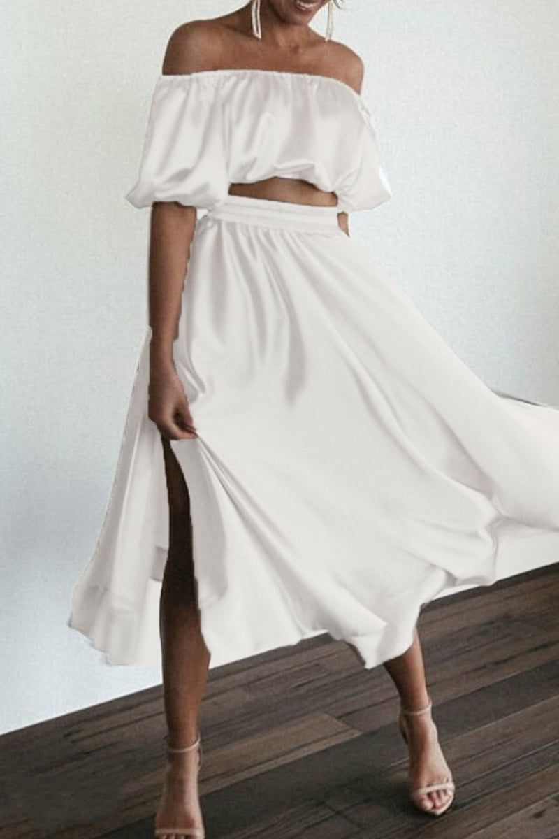 Kaynafashions - Elegant Solid Fold Asymmetrical Off the Shoulder Half Sleeve Two Pieces