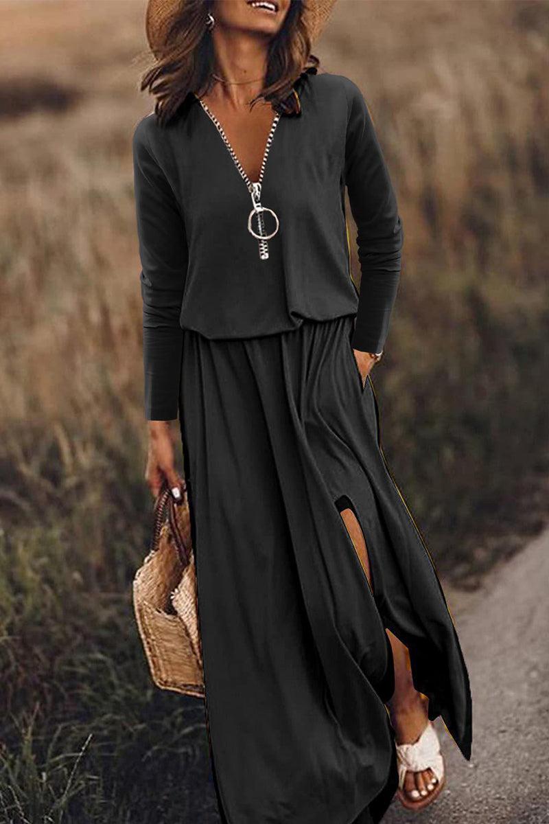 Kaynafashions - Casual Patchwork Zipper V Neck Irregular Dress Dresses