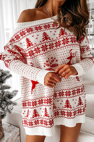 Kaynafashions - Casual Wapiti Snowflakes Christmas Tree Printed Patchwork Contrast O Neck Dresses Sweater