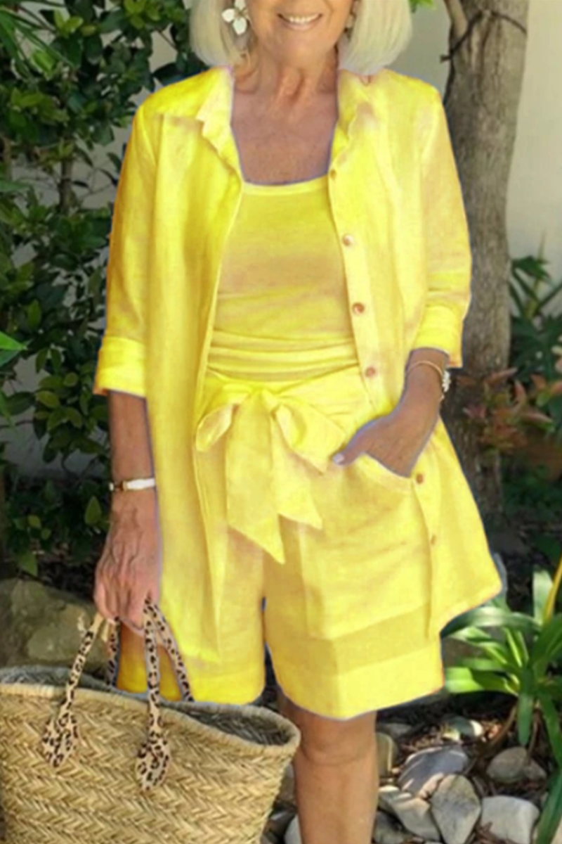 Kaynafashions - Casual Solid Patchwork Turndown Collar Three Quarter Two Pieces