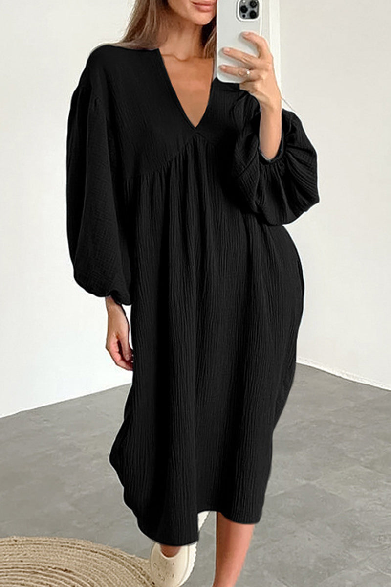 Kaynafashions - Casual Living Solid Pocket V Neck Long Sleeve Dresses