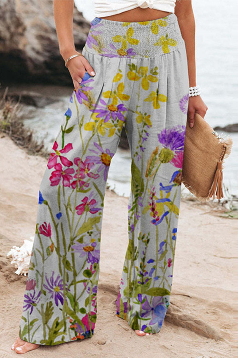 Kaynafashions - Casual Vacation Print Patchwork Loose High Waist Wide Leg Positioning Print Bottoms