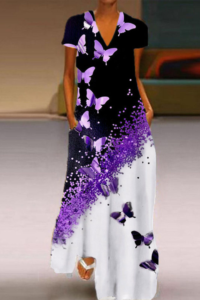 Kaynafashions - Casual Butterfly Print Patchwork V Neck Straight Dresses(5 colors)