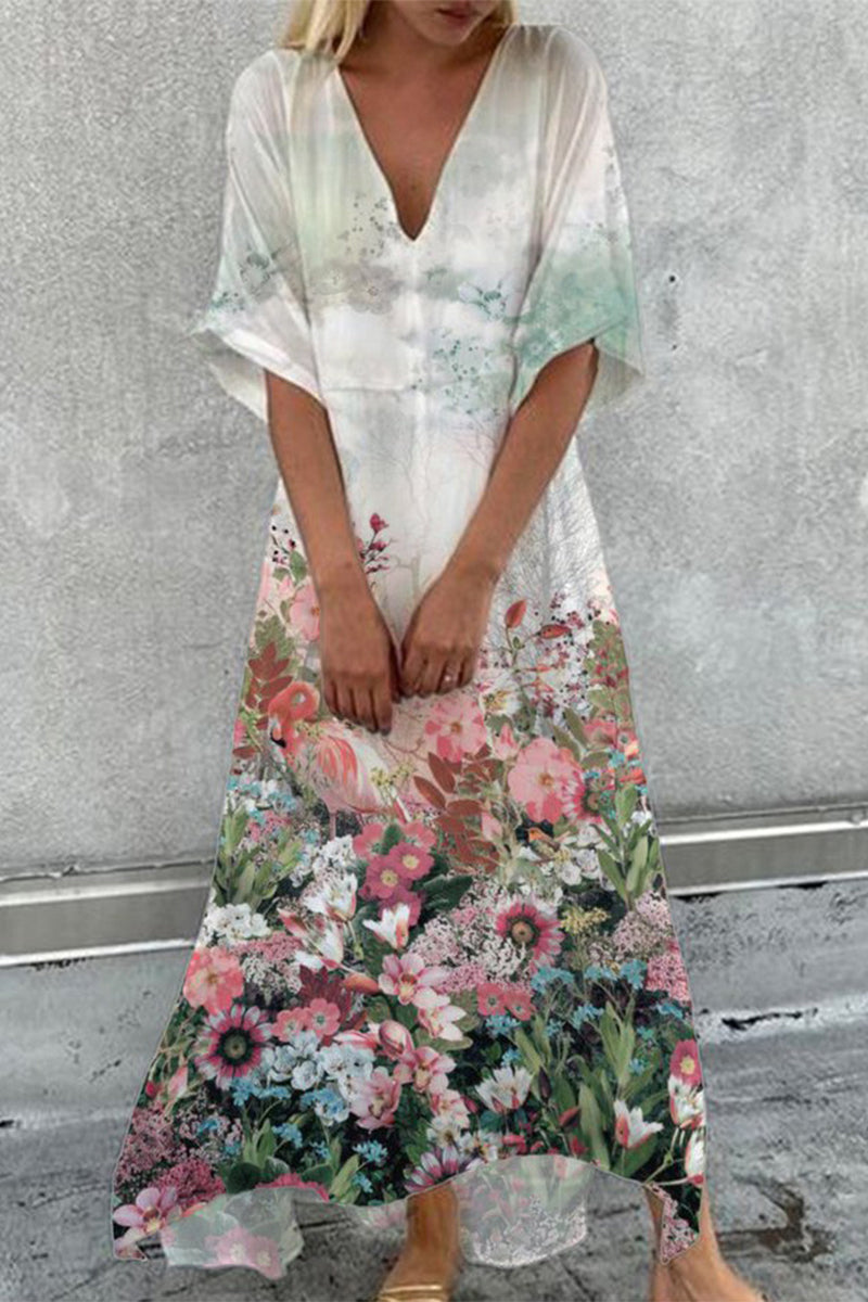 Kaynafashions - Casual Vacation Print Patchwork V Neck A Line Dresses(4 Colors)