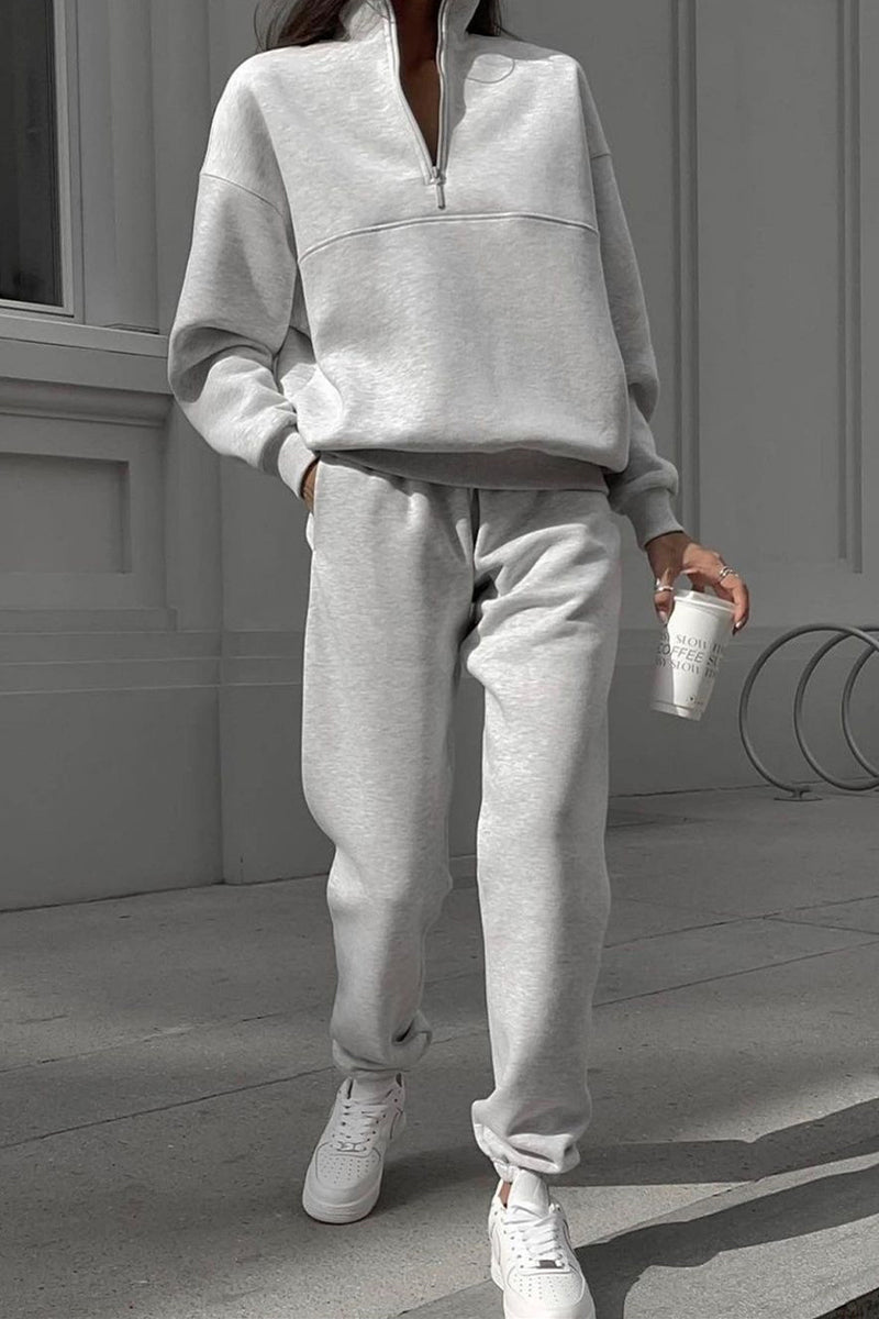 Kaynafashions - Casual Sportswear Solid Pocket Long Sleeve Two Pieces