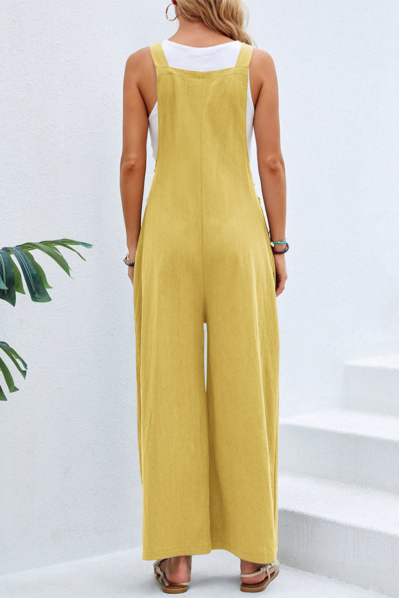 Kaynafashions - Casual Vacation Solid Buttons Square Collar Loose Jumpsuits(10 Colors)