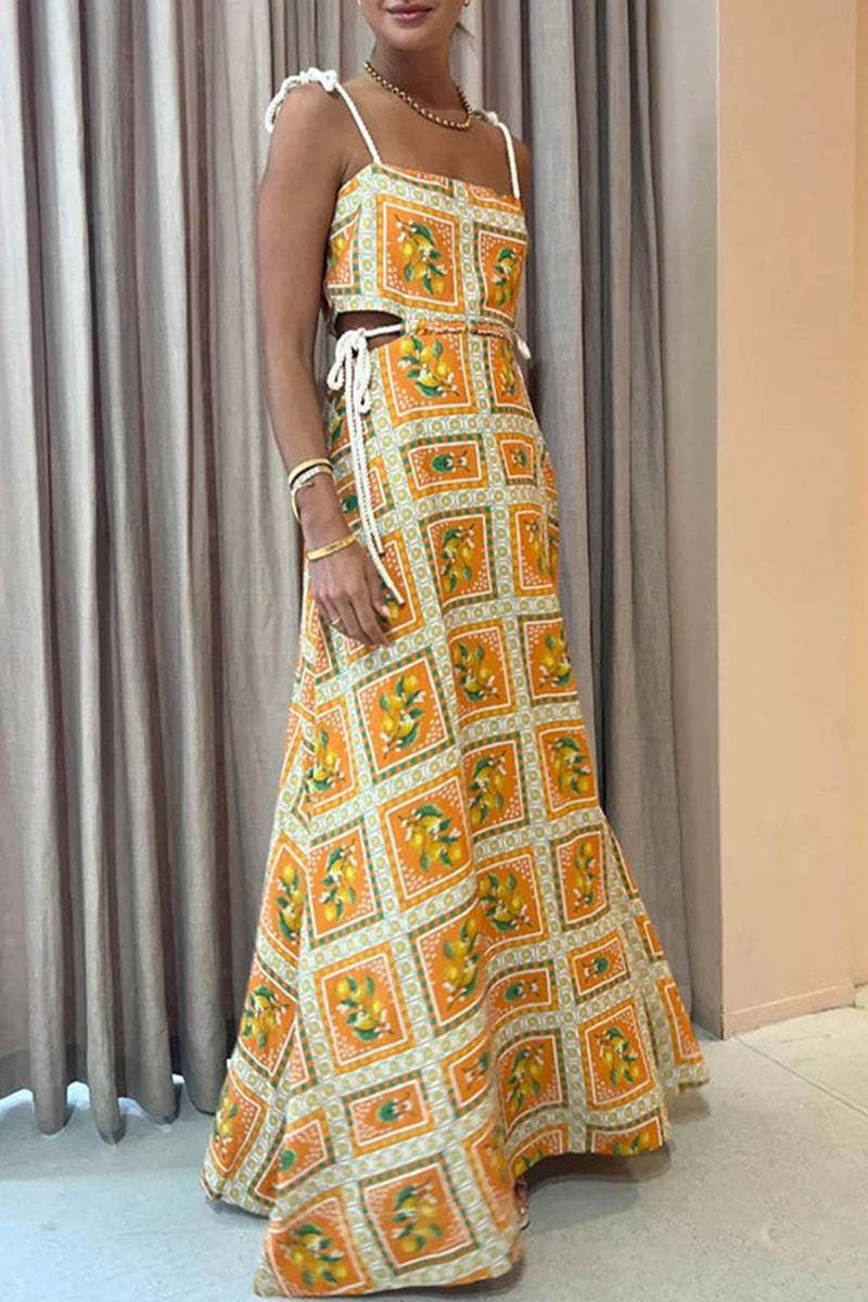 Kaynafashions - Sweet Vacation Geometric Print Draw String Frenulum Sling Dress Dresses