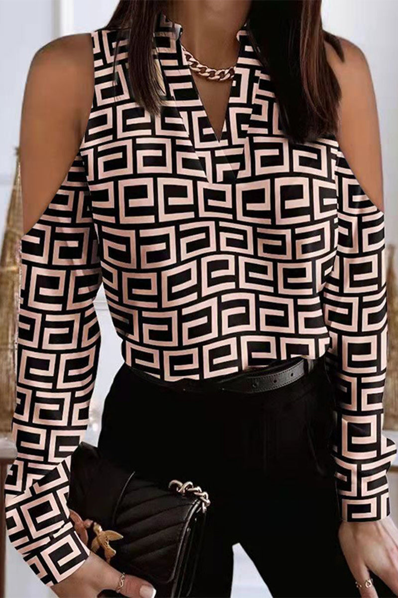 Kaynafashions - Elegant Print Printing V Neck Tops(6 Colors)