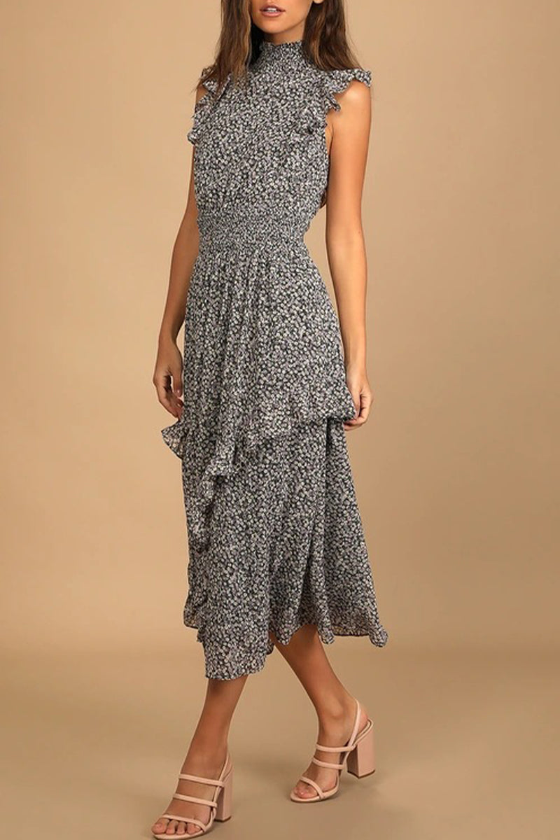 Kaynafashions - Elegant College Floral Patchwork Turtleneck Waist Skirt Dresses