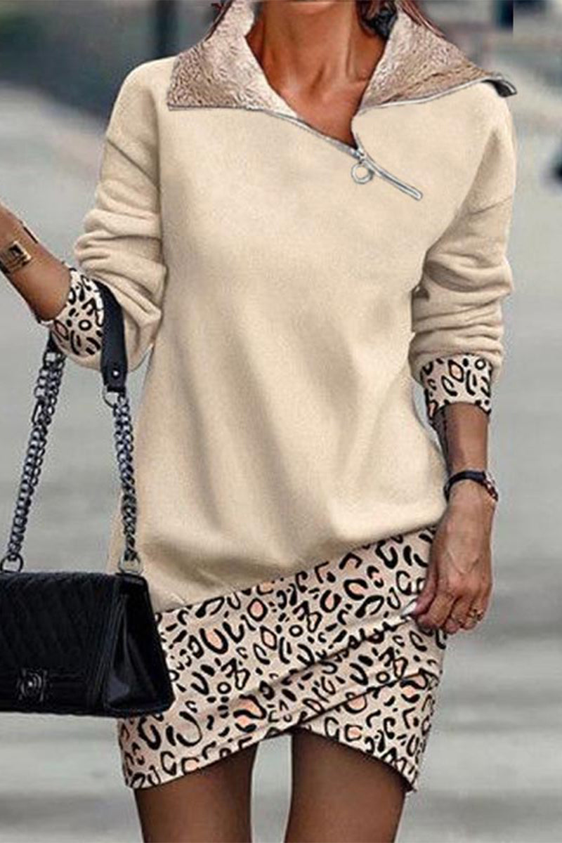 Kaynafashions - Casual Print Patchwork Oblique Collar A Line Dresses