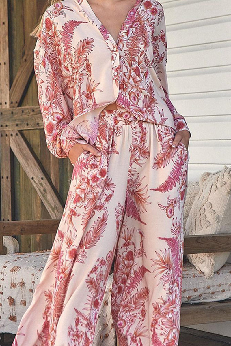 Kaynafashions - Casual Print Pocket Turndown Collar Long Sleeve Two Pieces