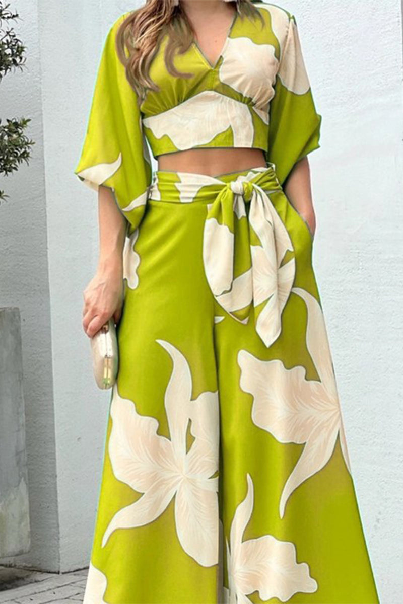 Kaynafashions - Elegant Print Frenulum V Neck Half Sleeve Two Pieces(10 Colors)