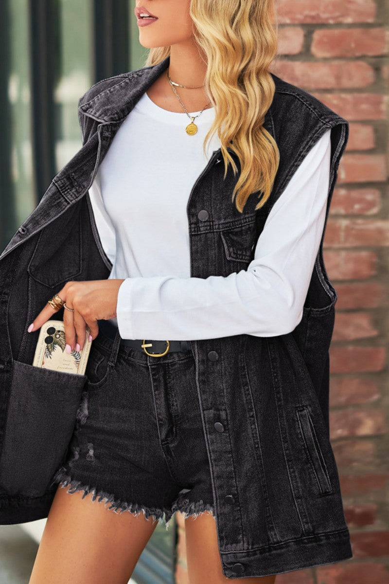 Kaynafashions - Casual Solid Patchwork Turndown Collar Short Sleeve Regular Denim Jacket