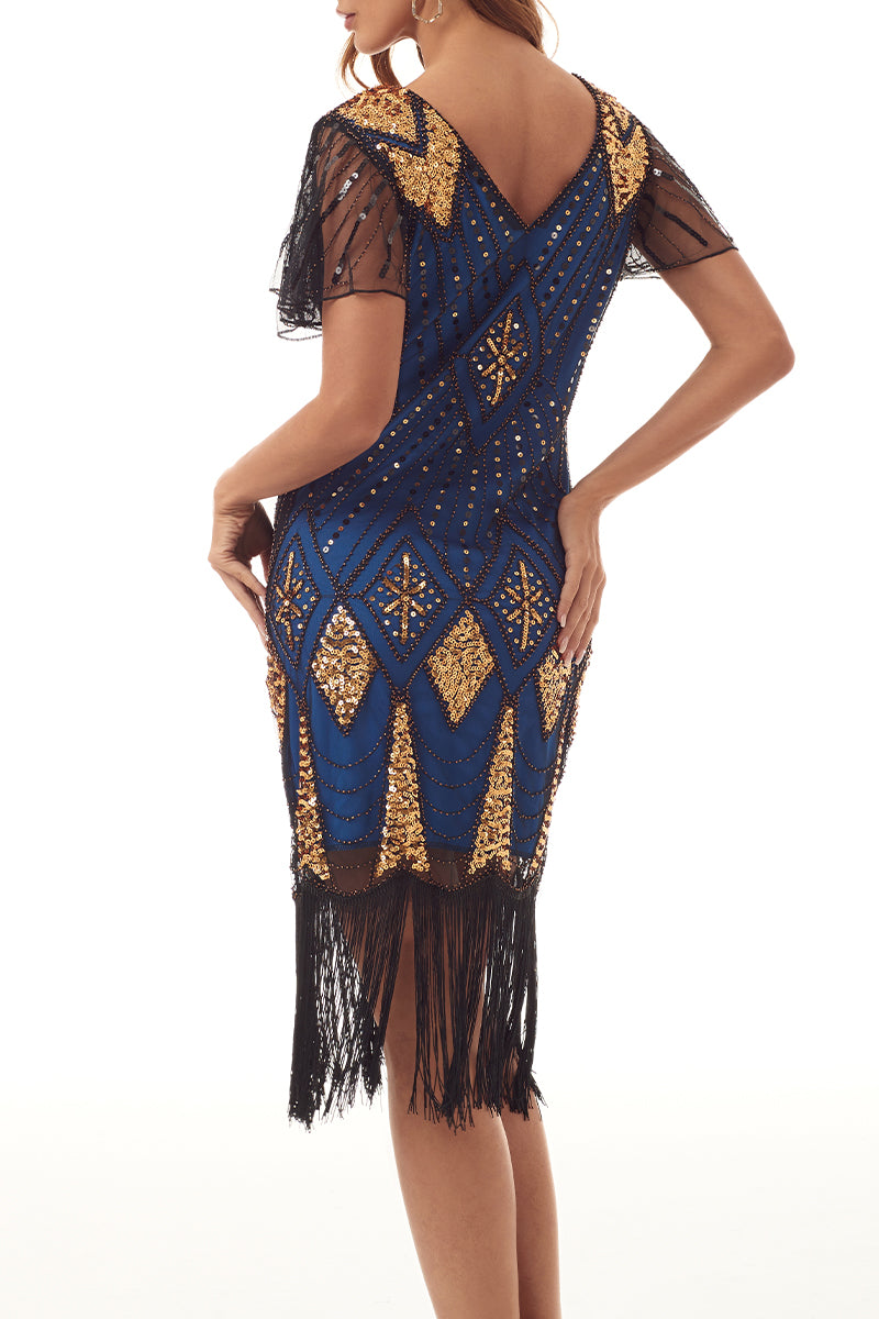 Kaynafashions - College Formal Patchwork Tassel Bead tube Zipper V Neck Evening Dress Dresses