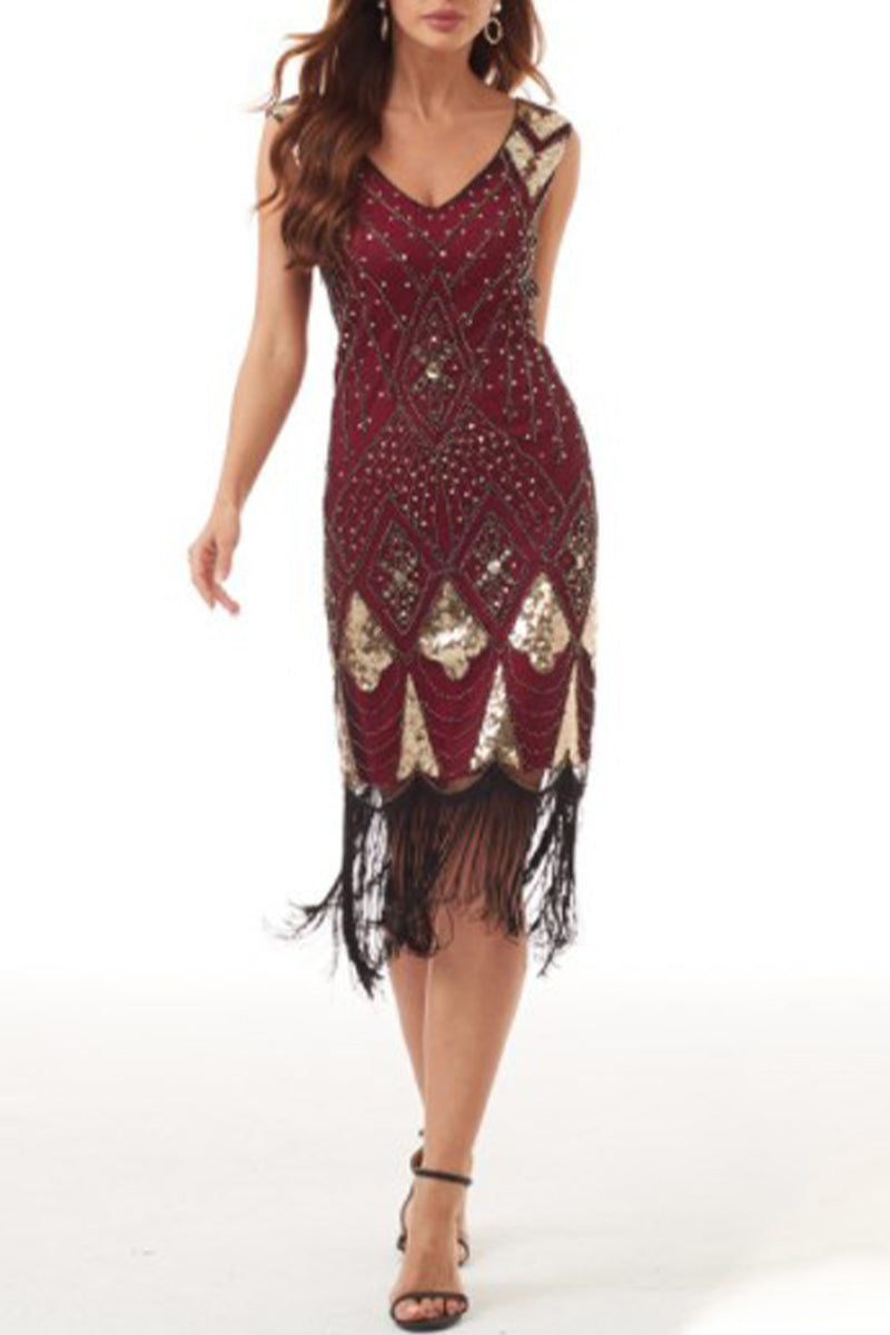 Kaynafashions - College Formal Patchwork Tassel Sequins Beading V Neck Evening Dress Dresses(3 Colors)