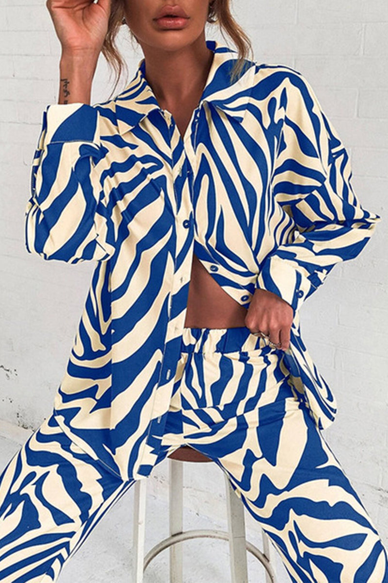 Kaynafashions - Casual Geometric Printing Turndown Collar Long Sleeve Two Pieces