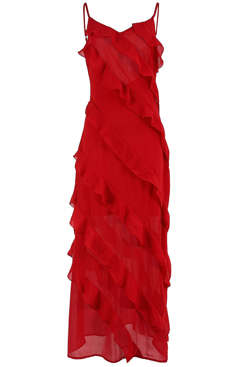 Kaynafashions - Sexy Celebrities Solid Flounce Slit V Neck Sling Dress Dresses