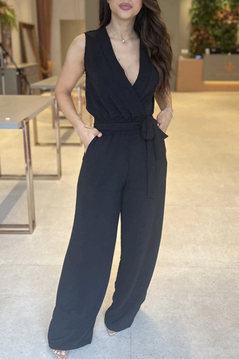 Kaynafashions - Sexy Elegant Solid With Belt V Neck Regular Jumpsuits(5 Colors)