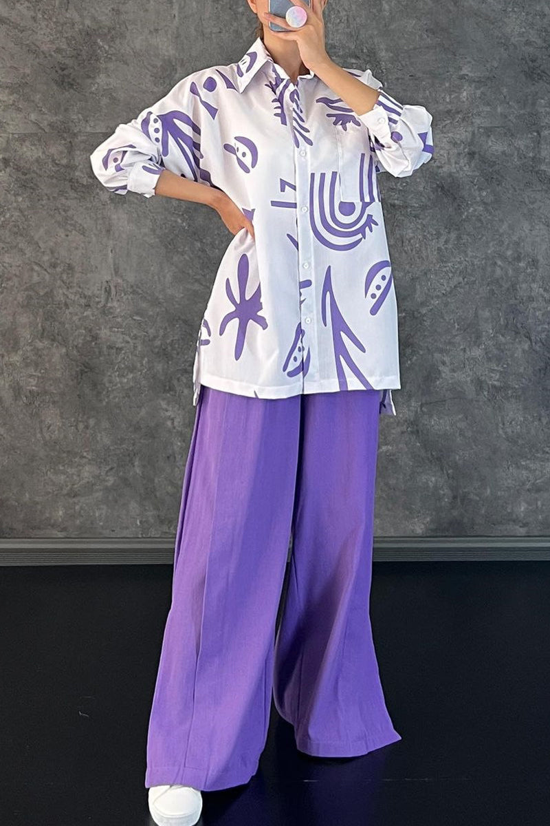 Kaynafashions - Casual Print Patchwork Turndown Collar Long Sleeve Two Pieces