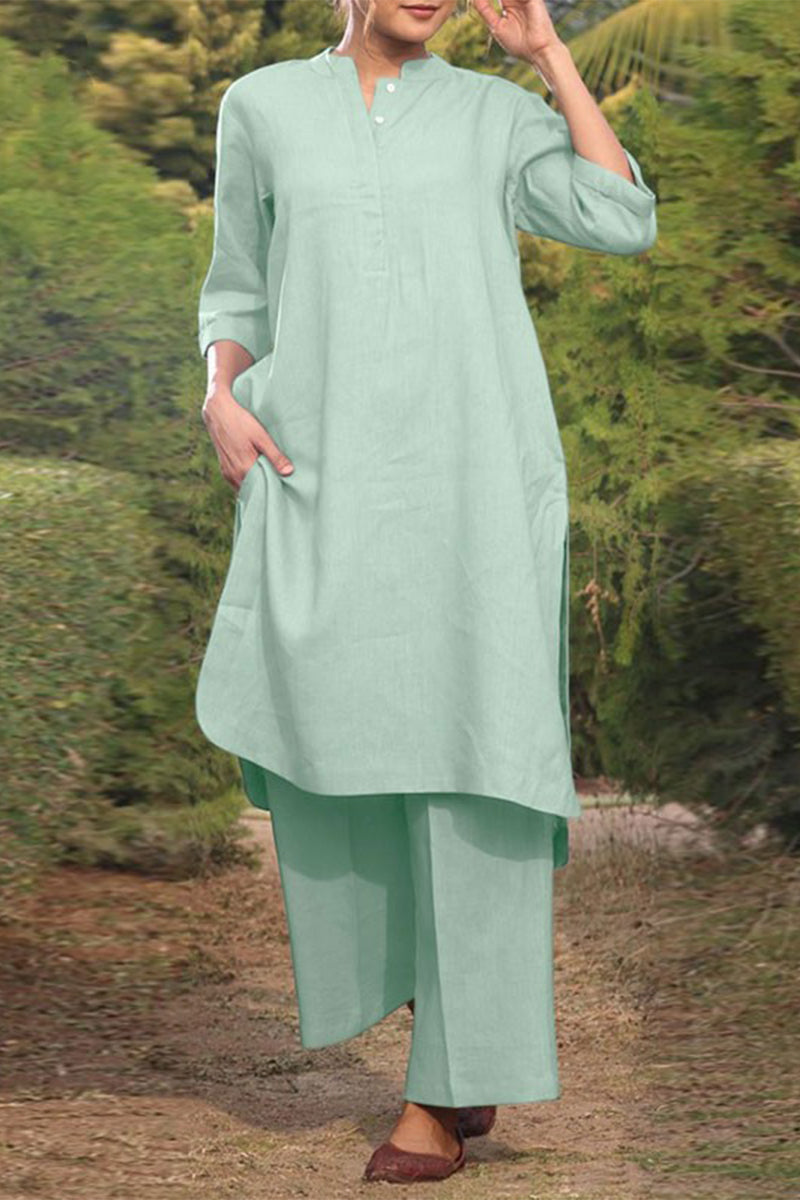 Kaynafashions - Casual Solid Pocket O Neck Long Sleeve Two Pieces