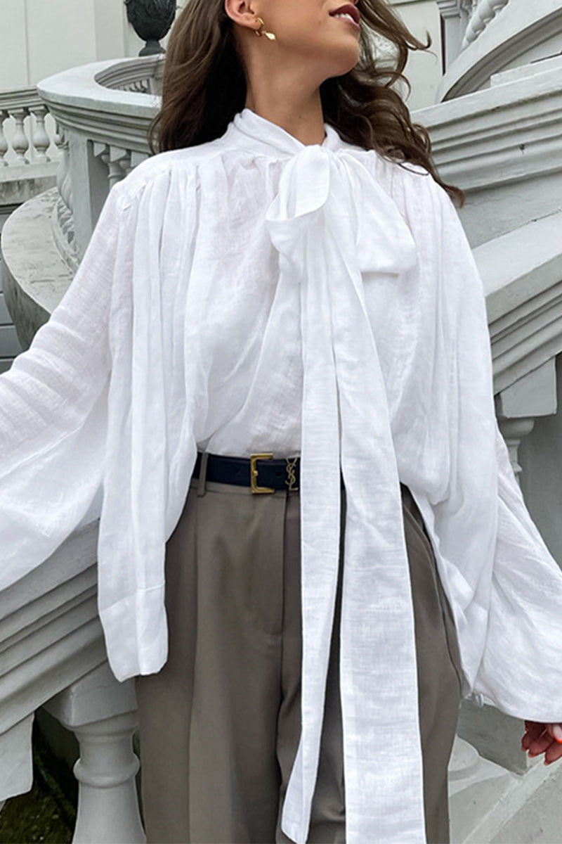 Kaynafashions - British Style Elegant Solid With Bow Ribbon Collar Tops