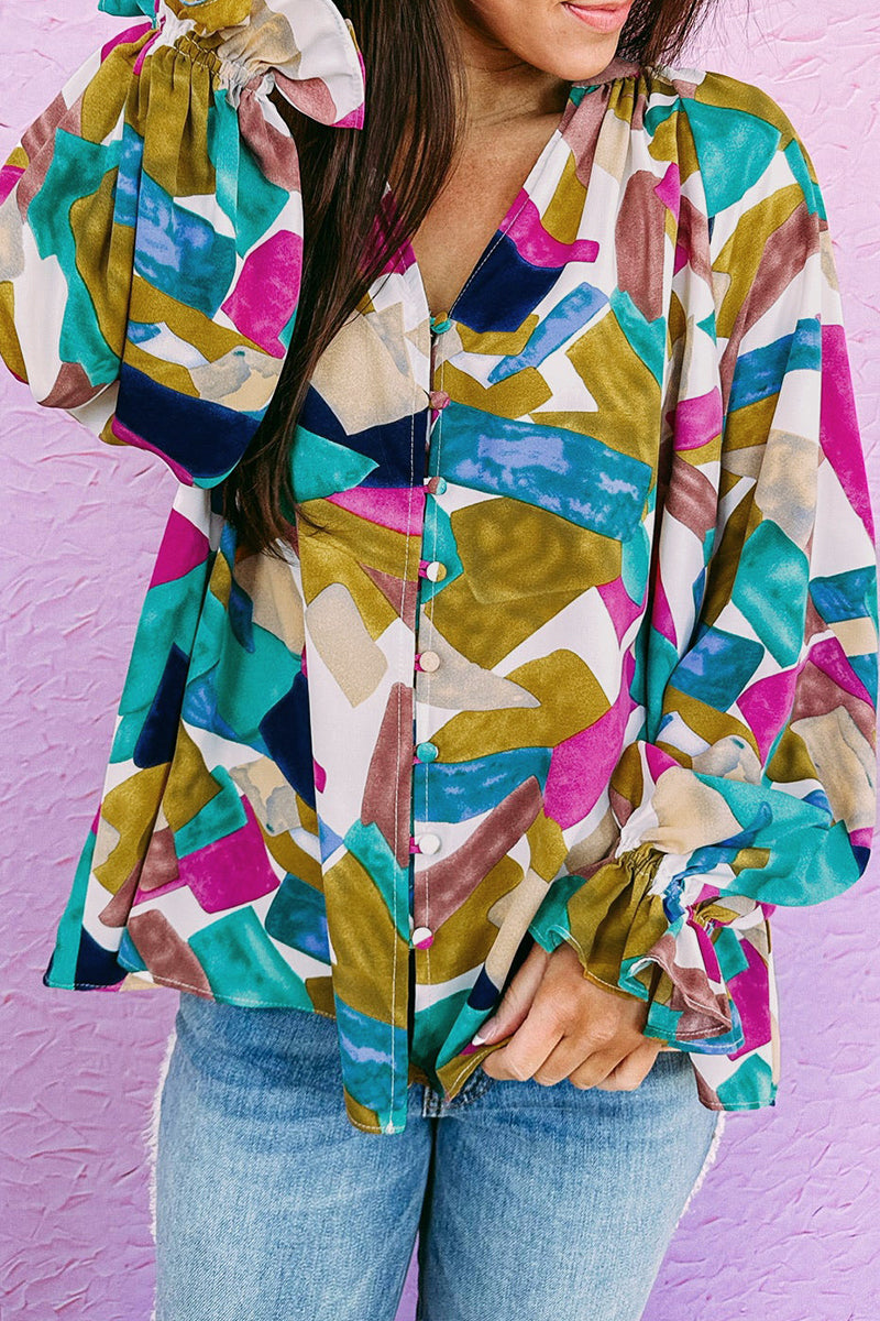Kaynafashions - Casual Work Print Patchwork V Neck Blouses