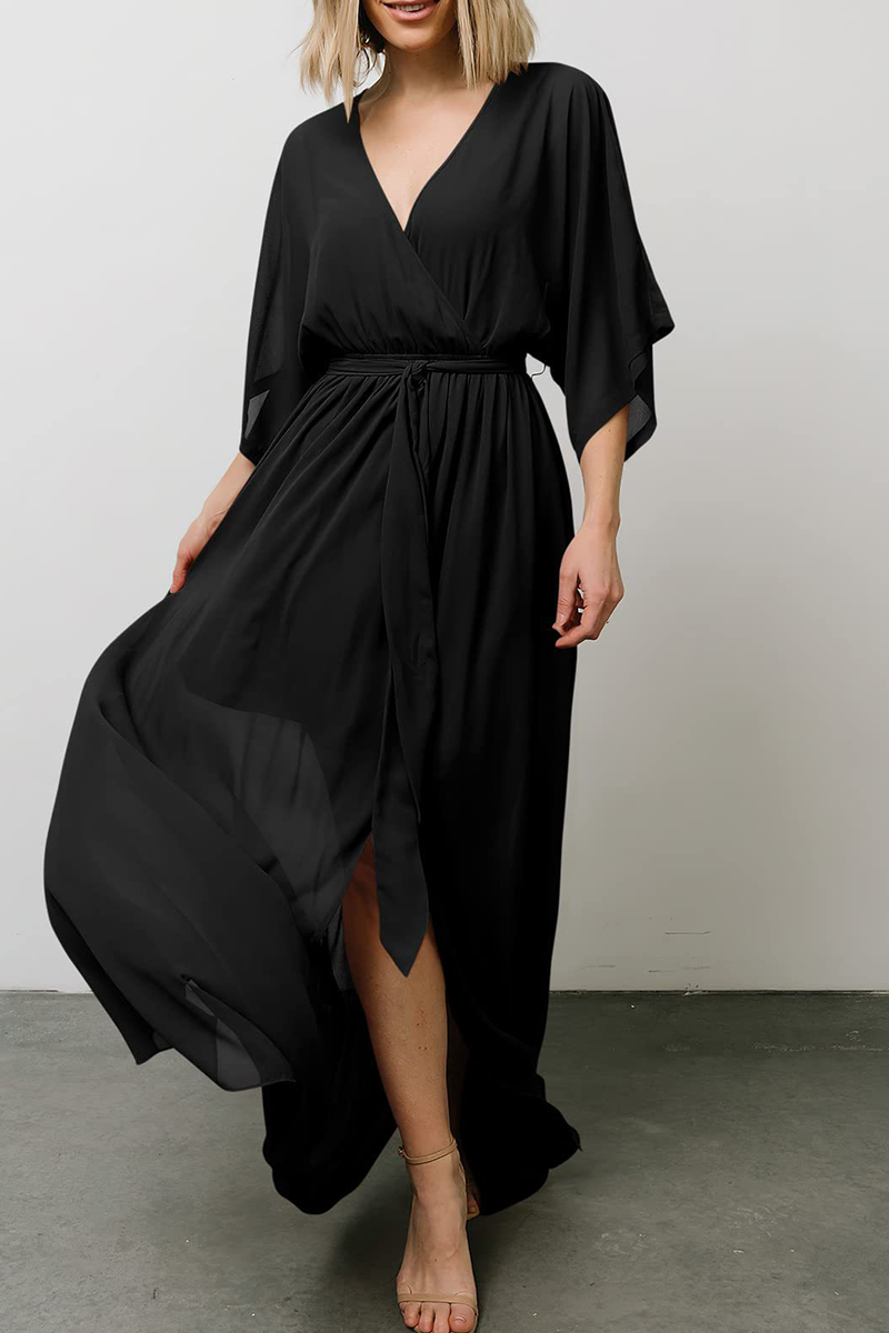 Kaynafashions - Casual Print Patchwork V Neck Waist Skirt Dresses(7 Colors)