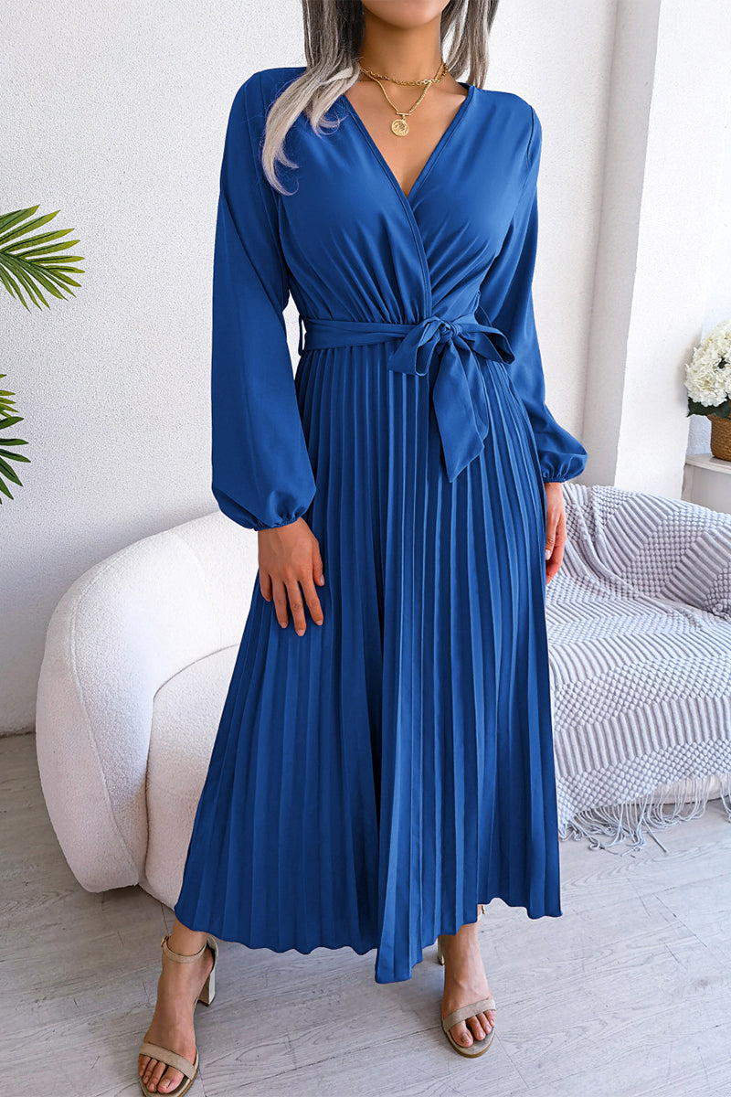 Kaynafashions - Elegant Solid Frenulum Fold V Neck Pleated Dresses(5 Colors)