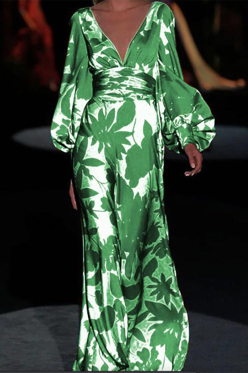 Kaynafashions - Elegant Print Printing V Neck Cake Skirt Dresses(3 Colors)