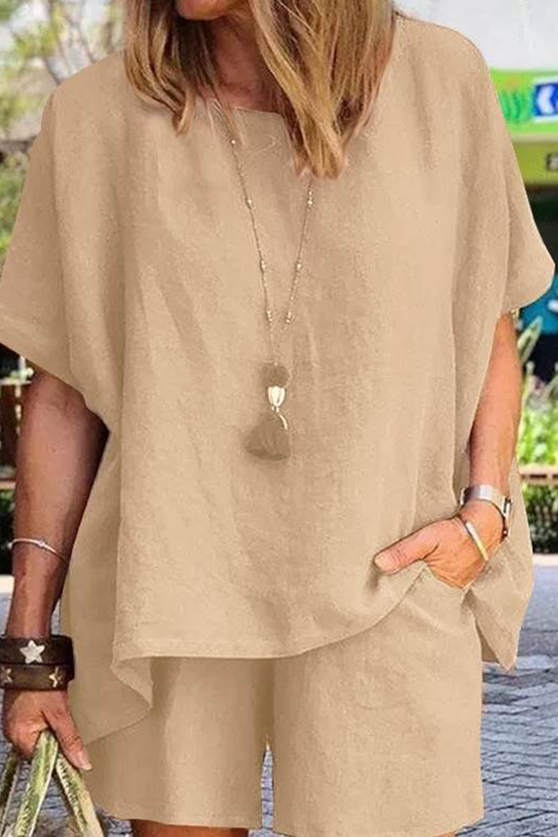 Kaynafashions - Casual Solid Patchwork O Neck Short Sleeve Two Pieces(4 Colors)