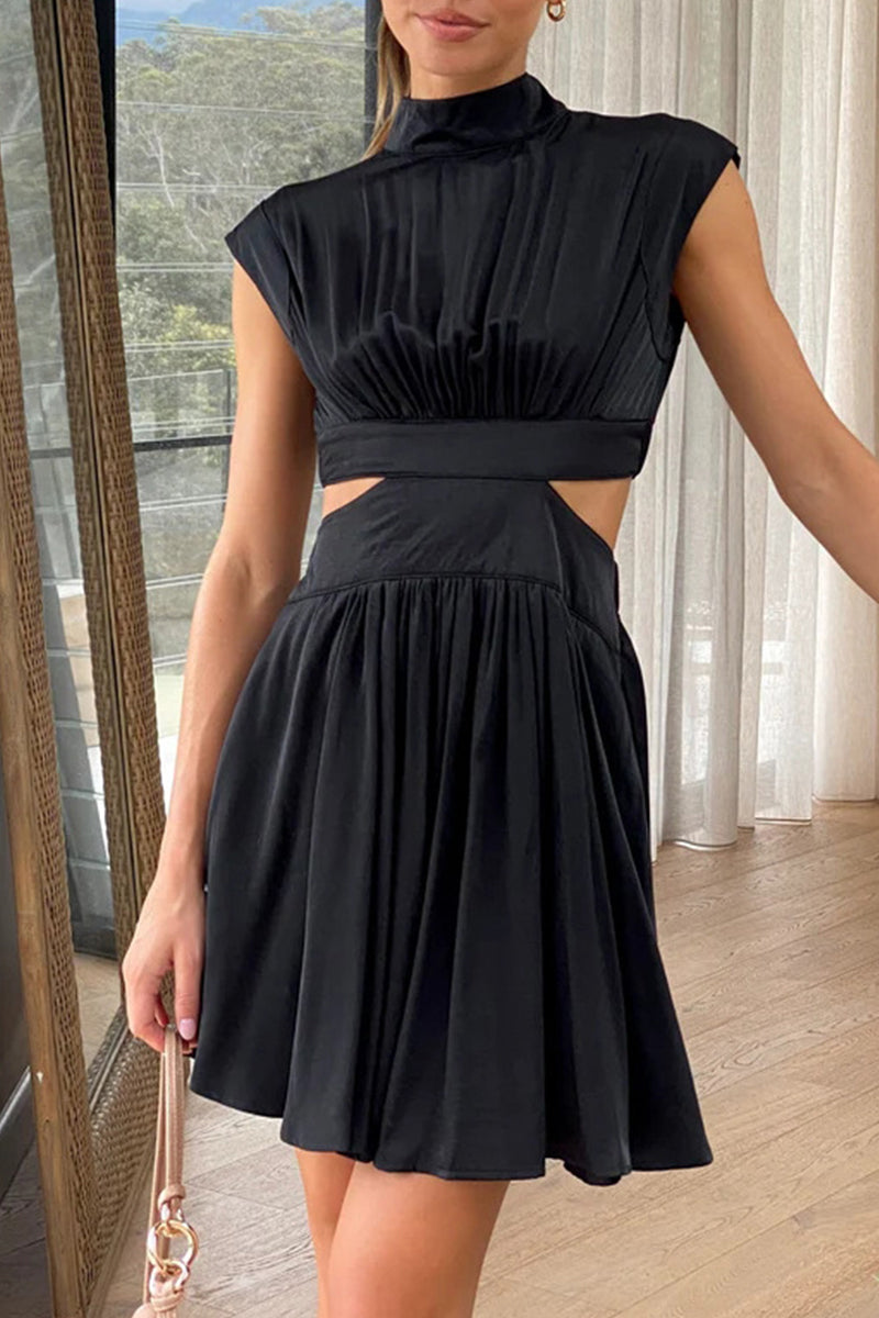 Kaynafashions - Sweet Elegant Solid Ripped Mandarin Collar Waist Skirt Dresses