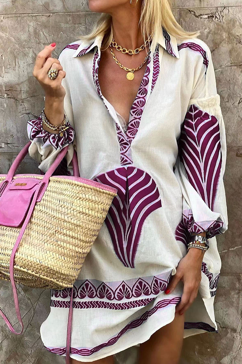 Kaynafashions - Casual Vacation National Totem Patchwork Fold V Neck Shirt Dress Dresses(4 Colors)