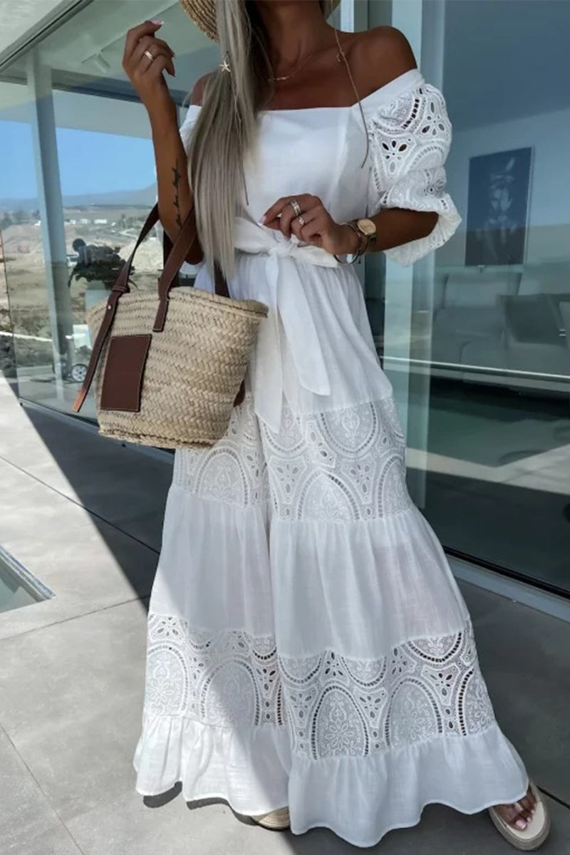 Kaynafashions - Sweet Elegant Solid Lace Hollowed Out Frenulum Square Collar Princess Dresses