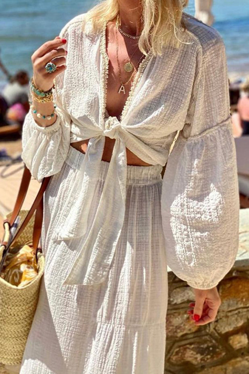 Kaynafashions - Elegant Vacation Solid Knotted V Neck Long Sleeve Two Pieces