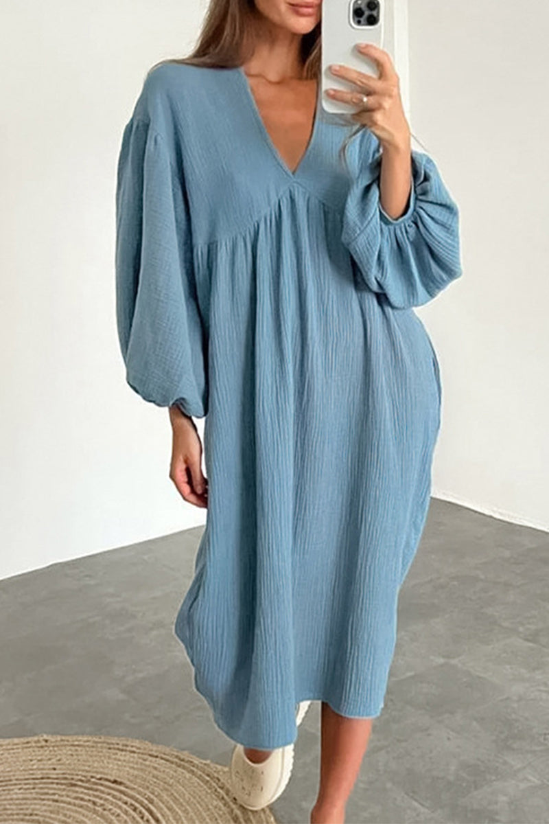 Kaynafashions - Casual Living Solid Pocket V Neck Long Sleeve Dresses