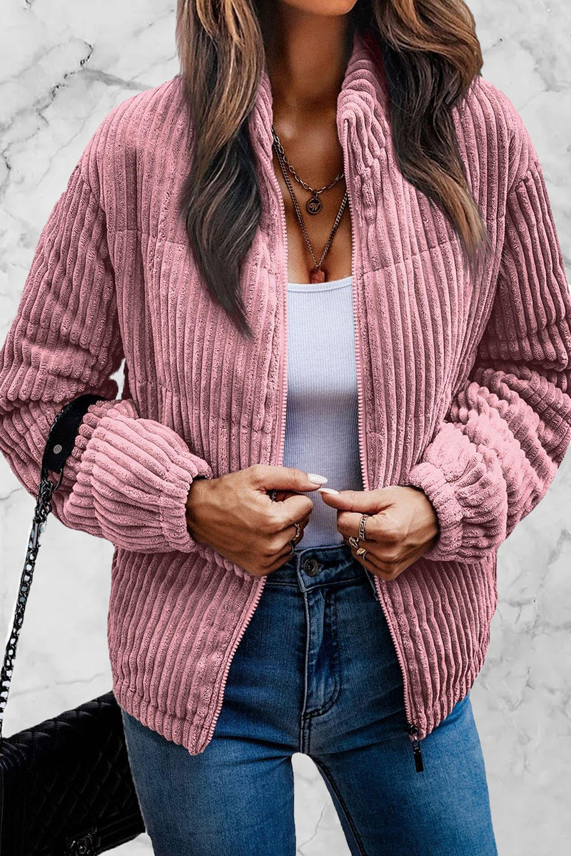 Kaynafashions - Fashion Plaid Striped Zipper Mandarin Collar Outerwear