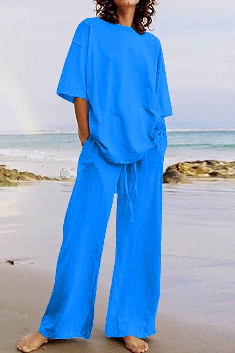 Kaynafashions - Casual Living Solid O Neck Short Sleeve Two Pieces(11 Colors)