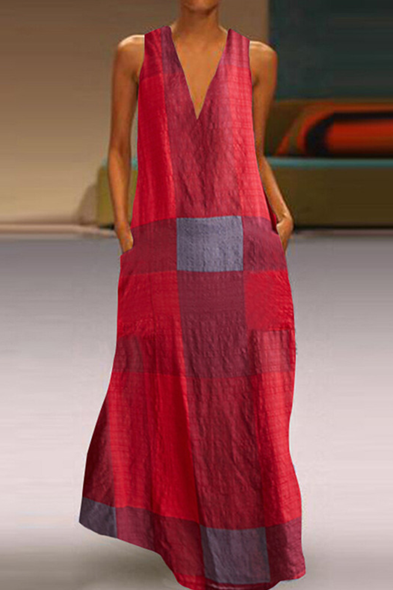 Kaynafashions - Casual Print Patchwork V Neck Straight Dresses(3 colors)