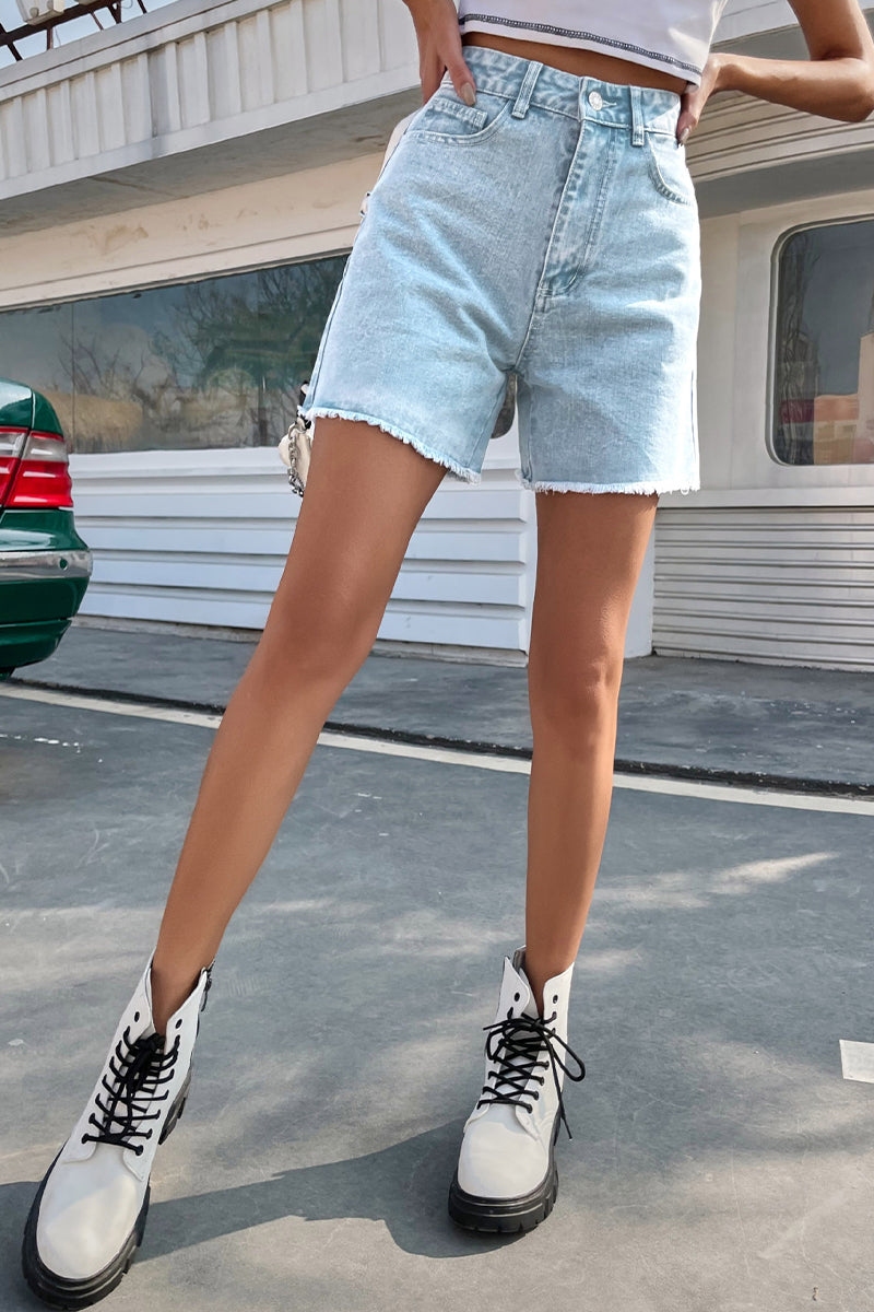 Kaynafashions - Casual Solid Make Old High Waist Straight Denim Shorts