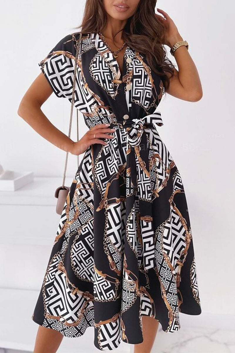 Kaynafashions - Celebrities Elegant Print Patchwork V Neck Shirt Dress Dresses
