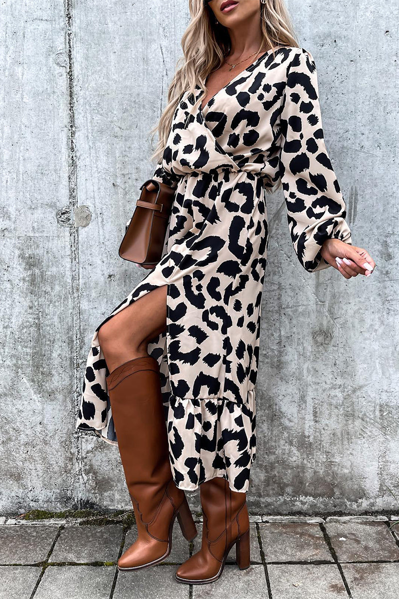 Kaynafashions - Elegant Leopard Printing V Neck Irregular Dress Dresses