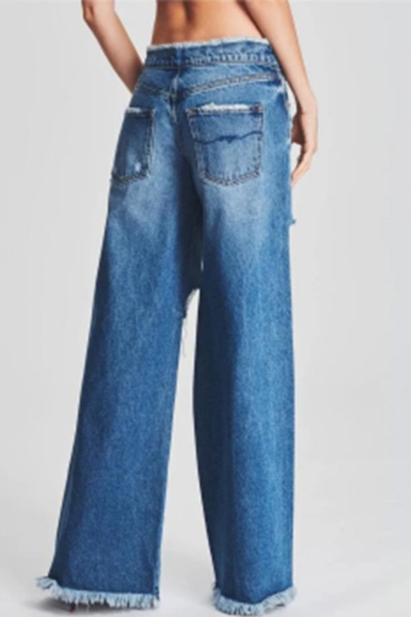 Kaynafashions - Casual Solid Ripped Patchwork Mid Waist Regular Denim Jeans (Subject To The Actual Object)
