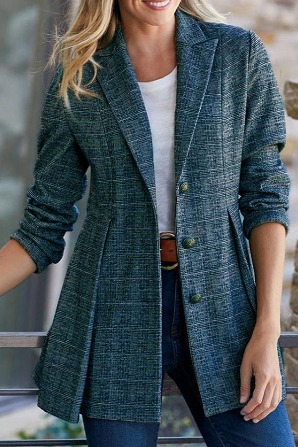 Kaynafashions - Fashion Street Plaid Patchwork Buckle Turn-back Collar Outerwear(3 Colors)