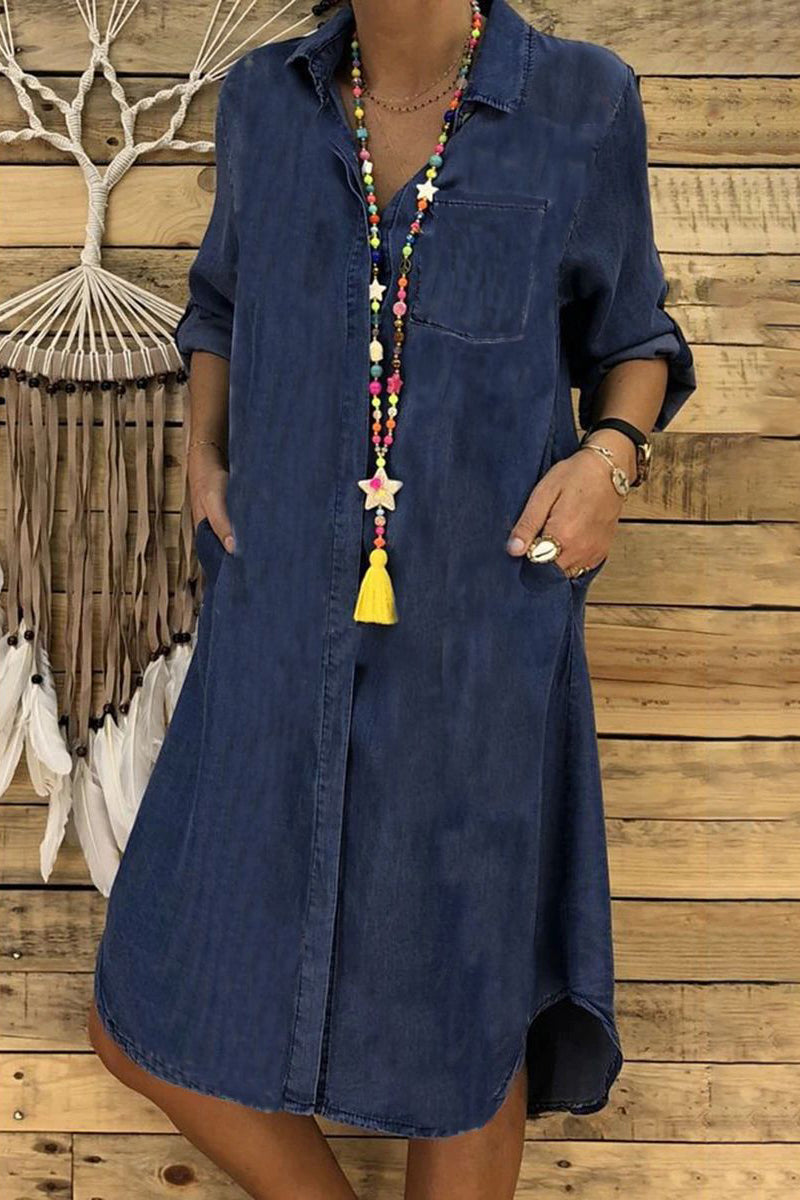 Kaynafashions - Casual Solid Pocket Buckle Shirt Collar Long Sleeve Loose Denim Dresses