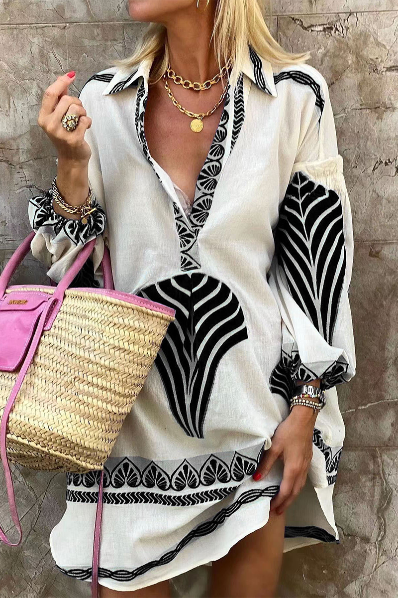 Kaynafashions - Casual Vacation National Totem Patchwork Fold V Neck Shirt Dress Dresses(4 Colors)