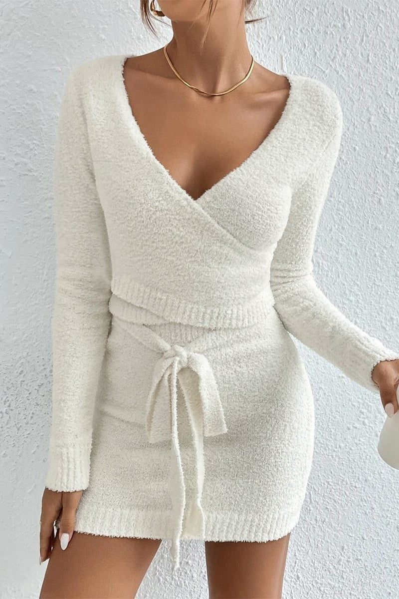 Kaynafashions - Casual Street Solid Strap Design V Neck Long Sleeve Two Pieces